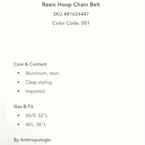 Anthropologie Size Medium/ Large Resin Hoop Chain Belt New With Tags main image 6